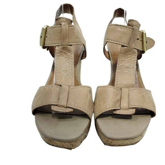 Franco Sarto Womens Beige Leather Cork Wedge Sandals 9.5 M Chestnut Brown/Tan - Picture 2 of 11
